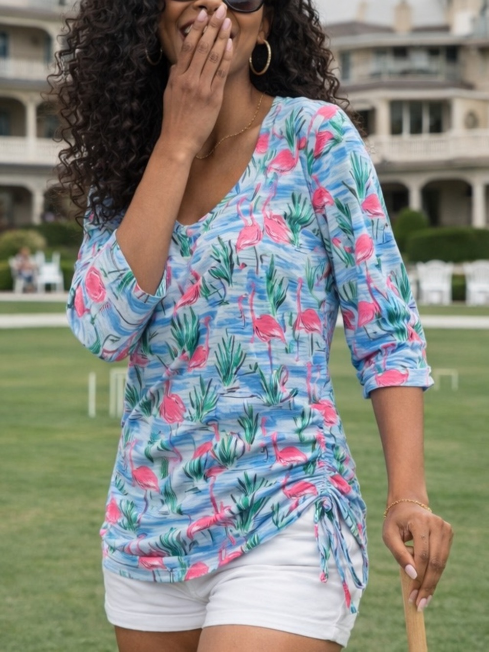 Casey + Key Flamingo Print Top L Blue Pink 3/4 Sleeve Rayon